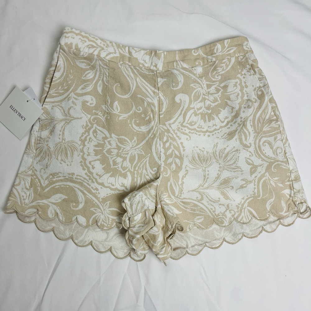 NWT Ellen Tracy Linen Blend Scalloped Shorts Beige Paisley Floral Small